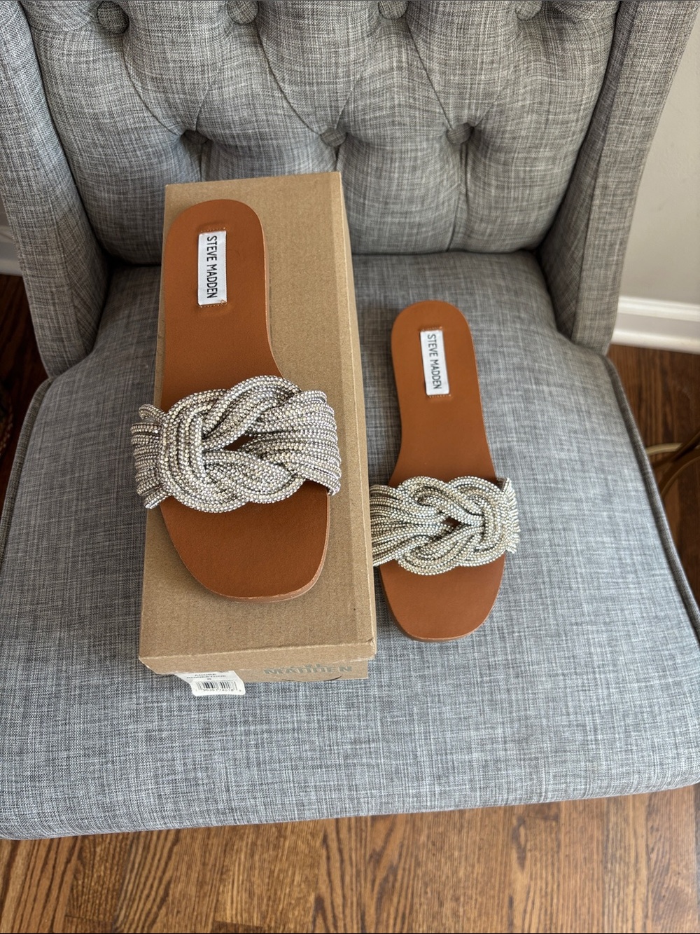 Steve Madden Tan Slide Sandals with Silver Beaded Knot Detail